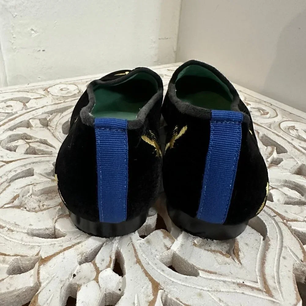 Blue bird gold embroidered bee black velvet smoking loafer